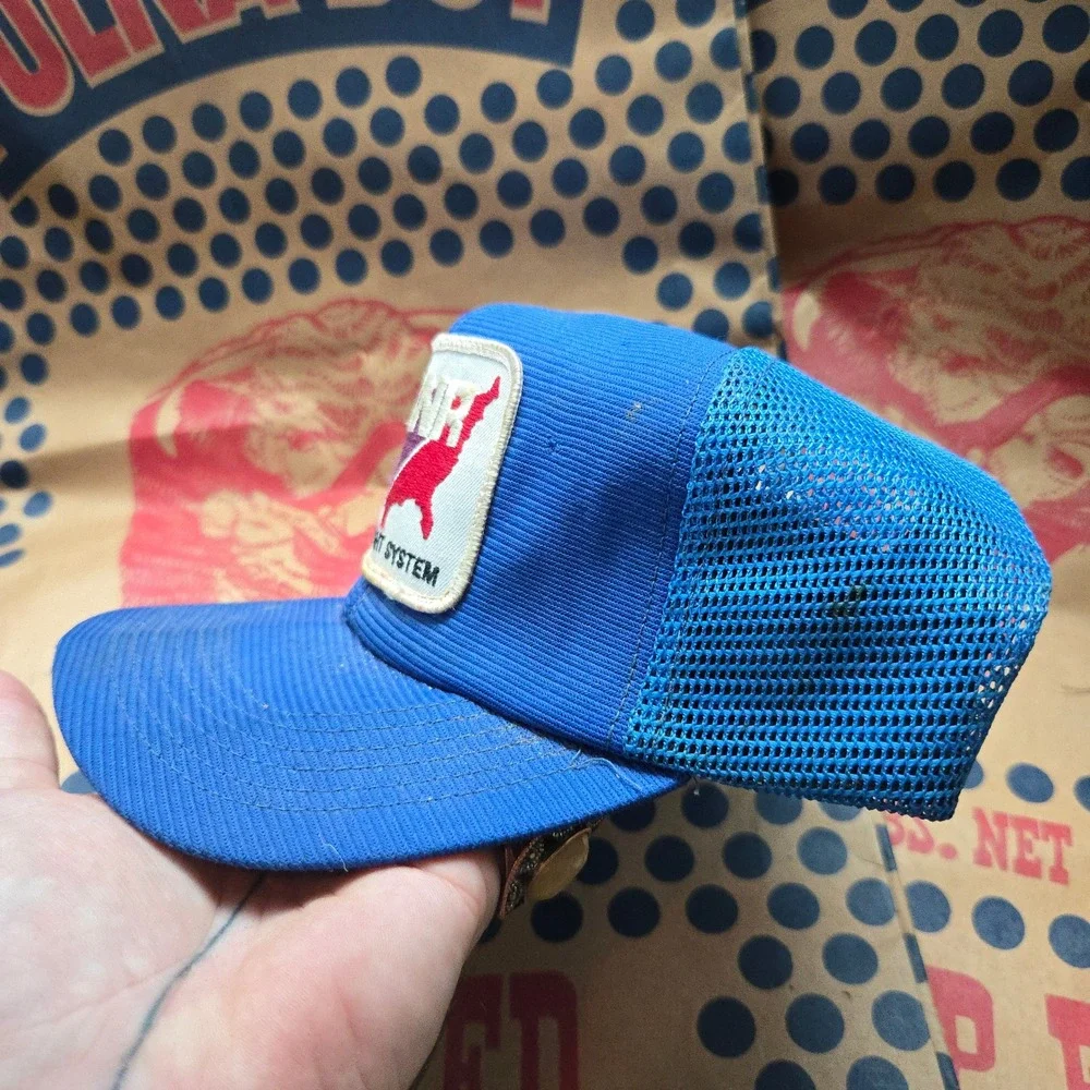 VTG ANR Freight System Trucker Hat Blue GUC OSFA Snapback Mesh Patch Cap USA Map